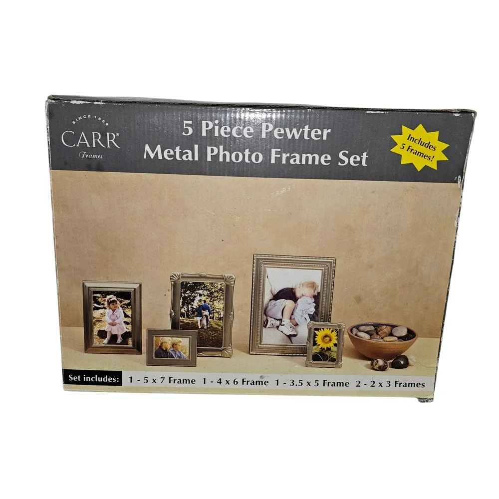 Carr 5 Piece Pewter Metal Photo Frame Set Silver New Distressed Box